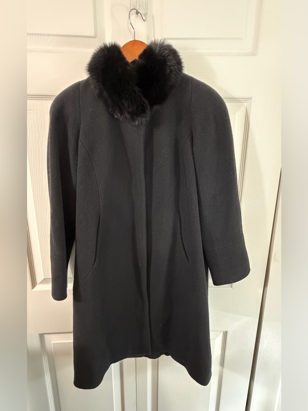 Albert Nipon Wool Fox Fur Collar Long Coat Black Womens 4P Petite